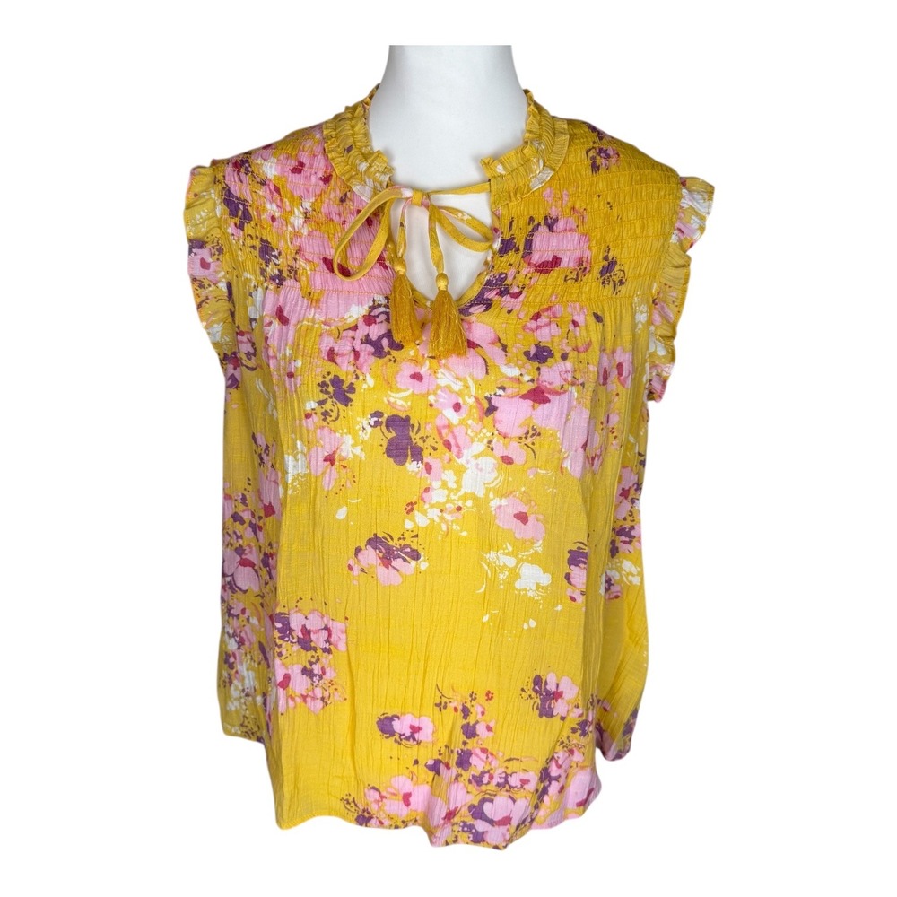 Nanette Lepore Womens Yellow Floral Smocked Boho Tassel Blouse Top Medium